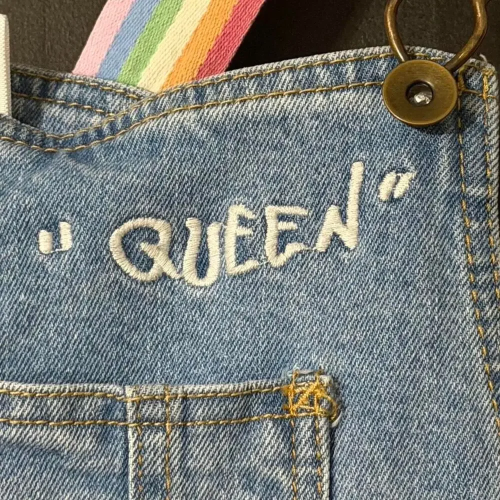 Rainbow Strap Denim Romper Overalls “Queen” Embroidered Trendy Y2K Cottagecore - Picture 3 of 8